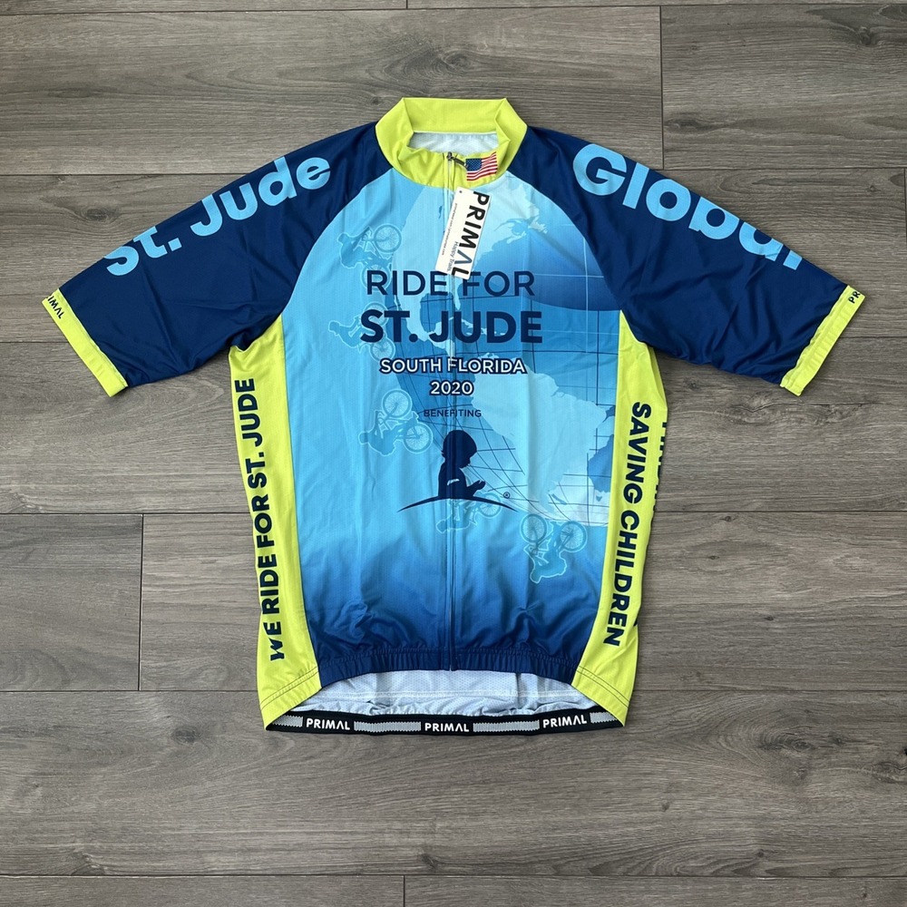 Primal Cycling Jersey Race Cut Mens L Full Zip Short Sleeve Blue Green St Jude